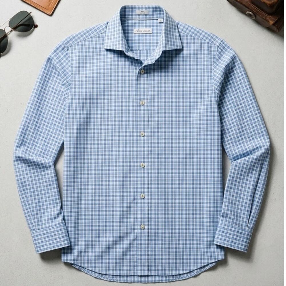 Peter Millar Men's Large Blue Plaid Button Down Shirt 100% Cotton Preppy Casual